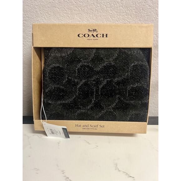 Coach Metallic Signature C Beanie & Scarf Set- Black Silver Knit Hat NWT main image 4
